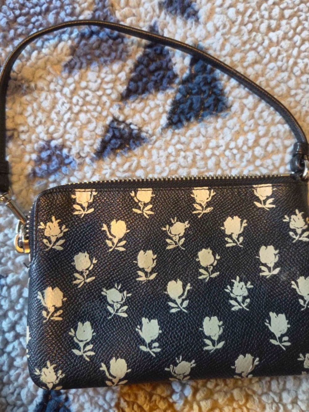 Coach Black Wristlet with Cream Rose Print